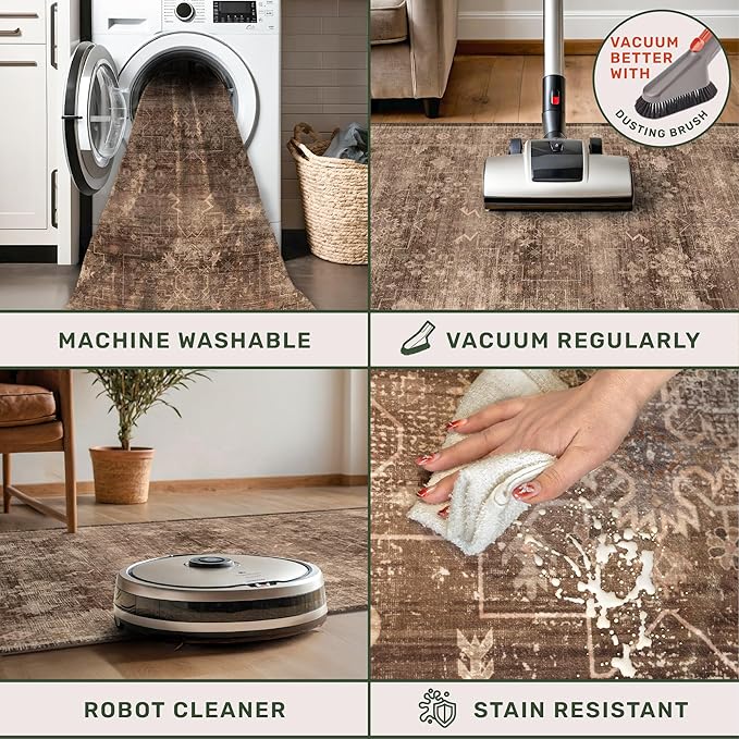 Brown Boho Washable 2x7 Runner Rugs for Hallway Kitchen Bedroom Beside Laundry Room Bathroom Rug, Pet & Kids Friendly, Non Slip Low Pile Stain Resistant Soft Faux Wool Long Dark Earthy Floor Carpet