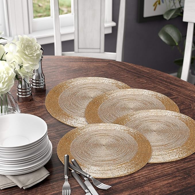 Beaded Placemats for Dining Table Dia 13 inches- Gold Tonal,Wire Beaded Placemats Round for Gathering, Thanksgiving - Occasional Decoration and Family Parties Celebrations.Set of 4
