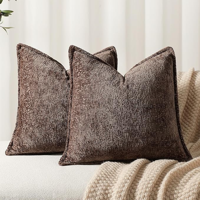 DEZENE Pack of 2 Chocolate Brown Decorative Throw Pillow Covers 22x22 Cozy Soft Chenille Accent Vintage Square Couch Pillow Covers for Home Decor Bed Sofa Living Room