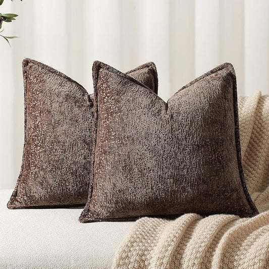 DEZENE Pack of 2 Chocolate Brown Euro Shams Pillow Covers 26x26 Cozy Soft Chenille Decorative Throw Pillow Covers Accent Vintage Square Couch Pillow Covers for Home Decor Bed Sofa Living Room