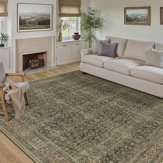 PureCozy 6x9 Area Rug for Living Room Green Brown Vintage Washable Bedroom Carpet Traditional Distressed Soft Non Slip Indoor Large Accent Rug Retro Thin Low Pile Floor Cover for Dining Room Playroom