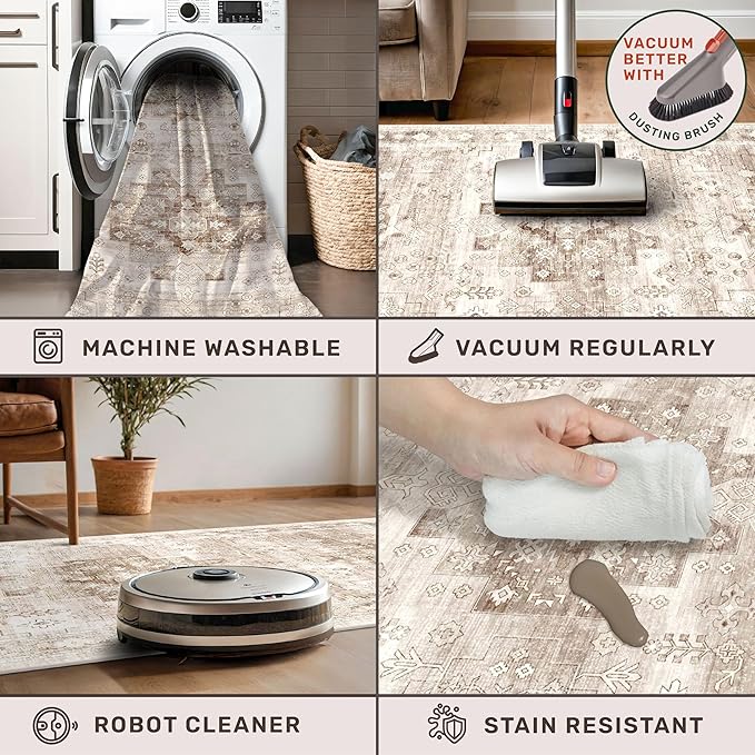 Washable Neutral Farmhouse Large Entryway Rug, 3x4 Area Rugs for Kitchen, Bedroom, Nursery Room, Boho Vintage Floral Non-Slip Throw Rug Low Pile Stain Resistant (3x4 Beige/Latte)
