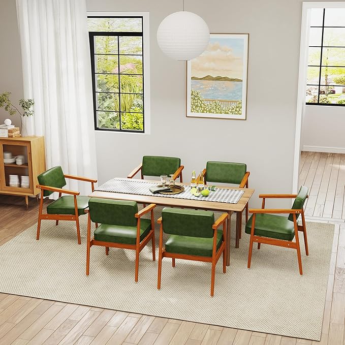 LSSPAID Mid Century Dining Chairs with Wooden Handrail, Pu Upholstered Armchair Comfy Backrest Modern Kitchen Chairs for Bedroom Living Room Dining Room, Green, Set of 1