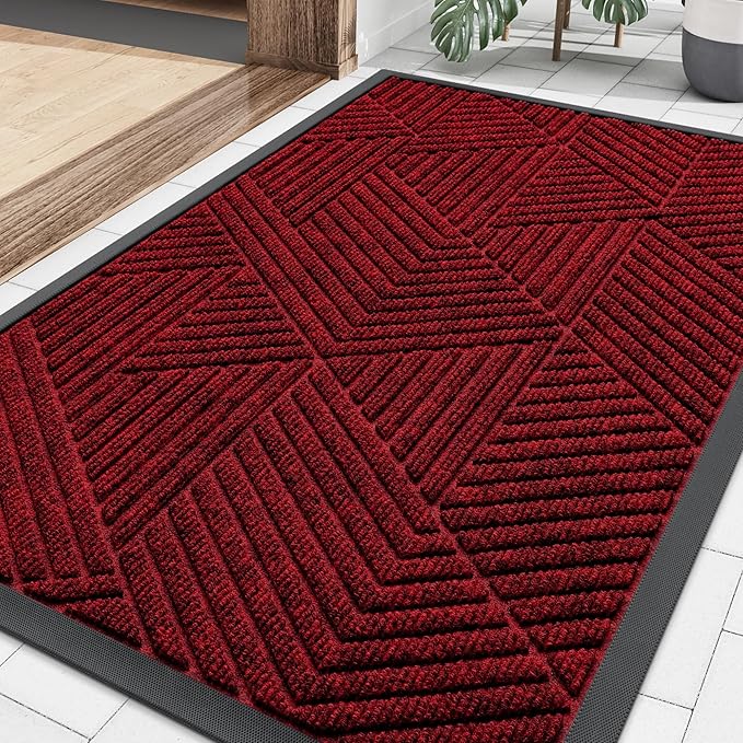 Smiry Front Door Mat Outside Entrance, Heavy Duty Sturdy Natural Rubber Doormat, Trap Dirt and Moisture, Easy Clean Low Profile Mats for Indoor Outdoor Entry, Irregular Triangle (29.5x17, Deep Red)