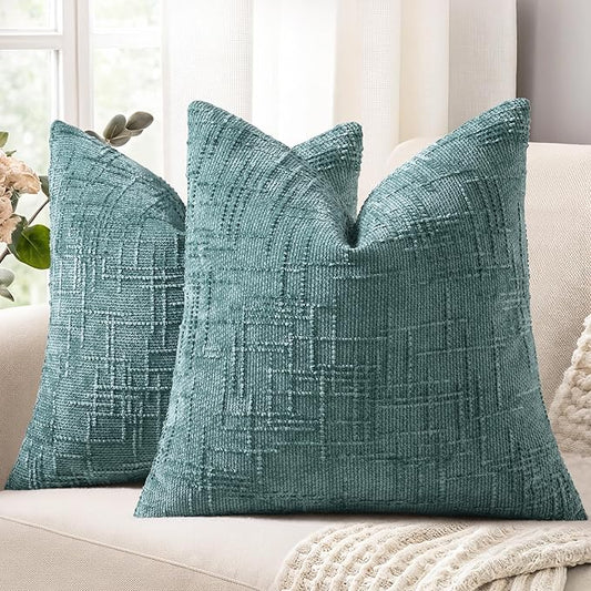 decorUhome Spring Teal Chenille Throw Pillow Covers 18x18 Set of 2 Textured Slubby Couch Pillow Covers Farmhouse Accent Modern Neutral Decorative Pillow Cases for Bed Sofa Living Room