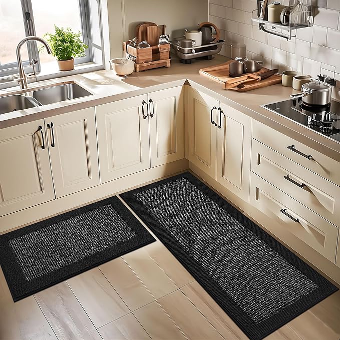 BEQHAUSE Kitchen Rugs and Mats Set of 2 Non-Slip Kitchen Mats for Floor, Absorbent and Stain Resistant Kitchen Runner, Machine Washable Rugs for Kitchen, Laundry & Sink, 20"x32"+20"x48", Black