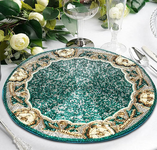 Beaded Placemats,Beaded Placemats Round Teal Silver White Gold 13"Round,Placemats For Dining Table,Beaded Placemats, Beaded Charger Placemats,Holiday & Christmas Beaded Placemats,Beaded Glitz Charger