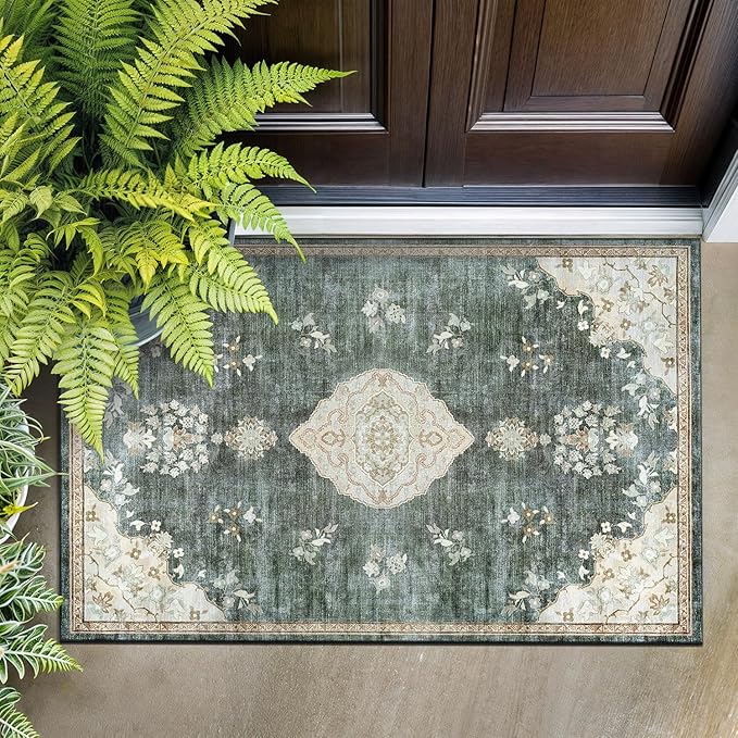 Beverly Rug Non Slip Rugs 2x3 Boho Medallion Floral Non Skid Rubber Backing Easy Silk Soft Entryway Rug for Living Room Easy to Clean Non Shedding Kitchen Bedroom Indoor Carpet (2 x 3 Green - Cream)