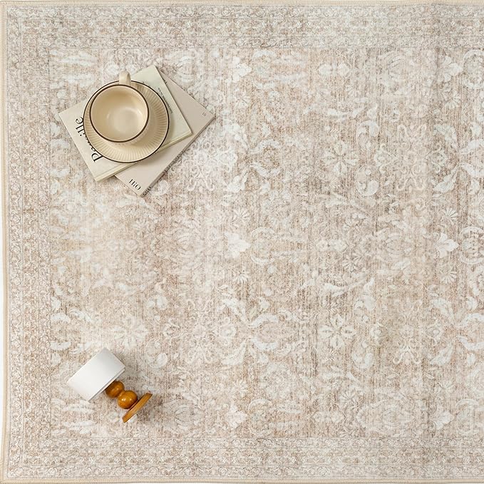 PureCozy 2x8 Runner Rug Washable Beige Vintage Hallway Kitchen Carpet Indoor Non Slip Small Low Plie Thin Bedroom Bathroom Rug Retro Accent Throw Dining Living Room