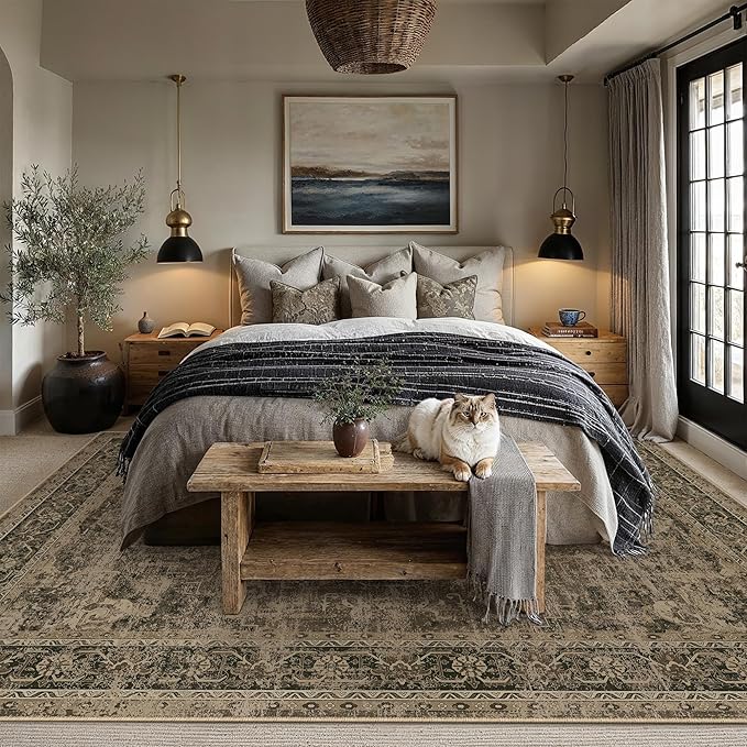 PureCozy 8x10 Washable Area Rug Brown Vintage Distressed Large Rug for Living Room Oriental Soft Thin Indoor Retro Carpet Non Slip Low Pile Floor Cover for Bedroom Dining Room Office Nursery