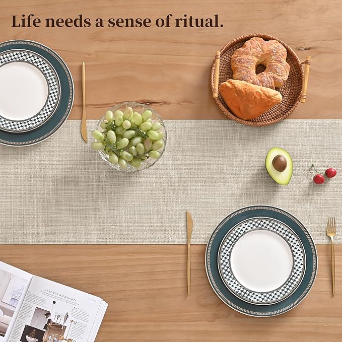 Leetaltree Beige Table Runner and Placemats Set of 5, Heat Resistant Non-Slip Place mats for Dining Table, Washable Durable PVC Vinyl Woven Table Runner Set