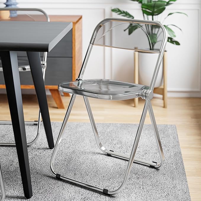 LeisureMod Lawrence Modern Clear Acrylic Folding Chair with Metal Frame, Space-Saving Transparent Seating for Dining Room, Home Office, Bedroom, Vanity or Small Spaces, (Transparent Black, Singles)