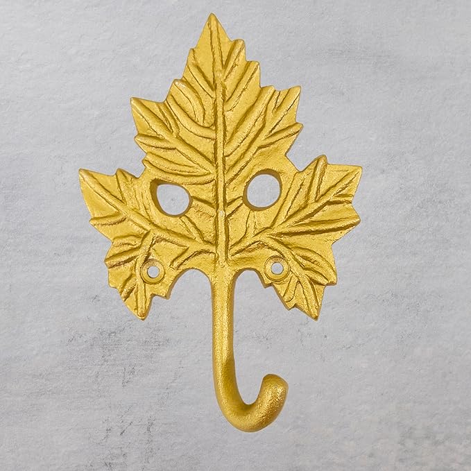 Set of 3 Cast Iron Maple Leaf Shape Coat Hooks Wall Art Decor-Maple Leaf Shape Hangers and Key Holder-Clothes Rack and Backpack Hanger-Coat Hooks Home Decor for Storage, Living Room, Hallway (Gold)