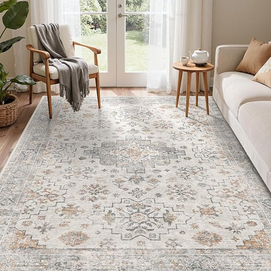 GENIMO 5x7 Area Rugs for Living Room,Machine Washable Non-Slip Vintage Rug, Low Pile Lightweight Carpet for Bedroom, Dining Room, Home Office, Stain & Fade Resistant,Grey