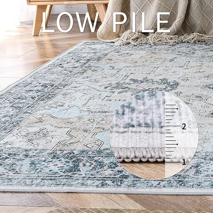 GENIMO 6x9 Area Rugs for Living Room, Non Slip Machine Washable Rugs, Low Pile Chenille Print Rug for Bedroom, Dining Room, Home Office, Blue
