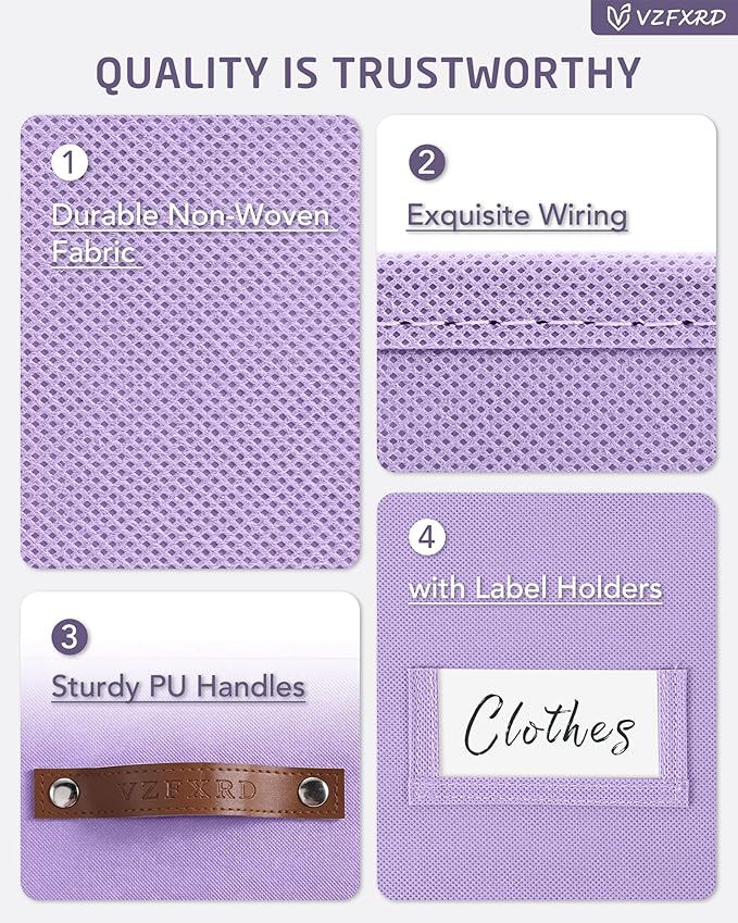 10.5 Inch Storage Cubes with Labels, 6-Pack Non-Woven Fabric Bins with Handles, Foldable Organizer for Closet, Shelf, Bedroom, Nursery & Home Organization (Purple)