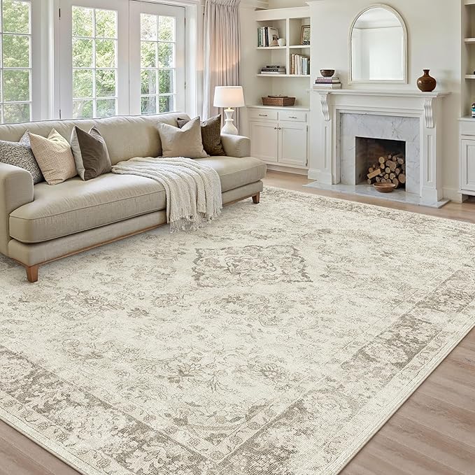 PureCozy 8x10 Area Rug Beige Washable Living Room Bedroom Carpet Vintage Distressed Large Non Slip Low Pile Thin Dining Room Office Medallion Accent Throw Rug