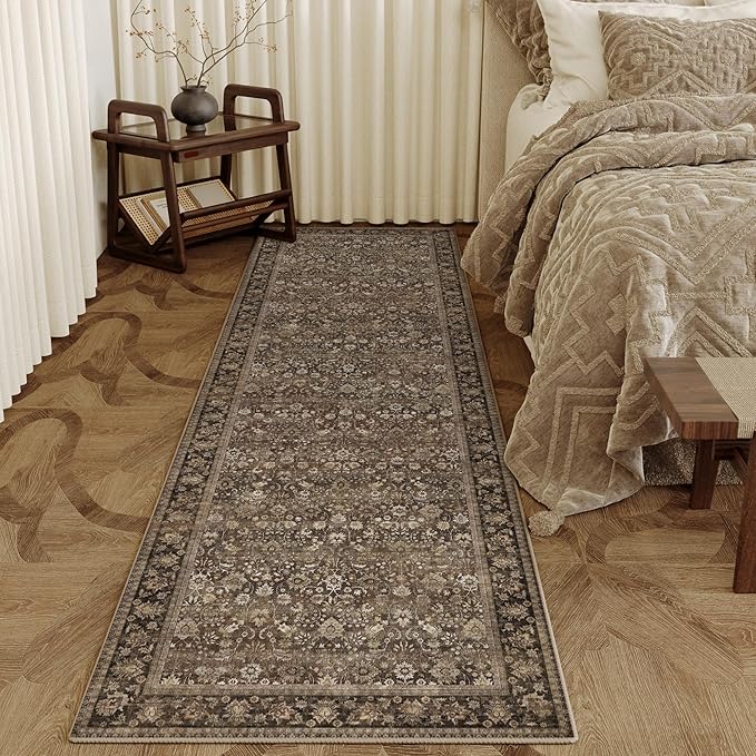 HUGEAR 2x12 Runner Rug Machine Washable Brown Hallway Area Rug Indoor Accent Rug Floral Low Pile Carpet Soft Throw Rug Bedroom Living Room Office Dining Room Kitchen Laundry Room Non Slip