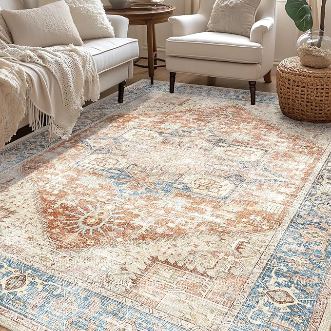 Fortsea Area Rugs 7X9 for Living Room, Machine Washable Non Slip Vintage Retro Rugs, Low Pile Lightweight Faux Wool Print Rug for Bedroom, Dining Room, Home Office (7X9 Terracotta/Sky)