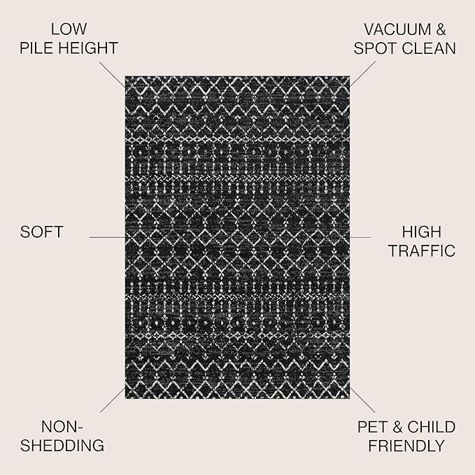 JONATHAN Y Boho Vintage Diamond Black/Ivory Round Area Rug 3 ft, Moroccan Hype for Living Room, Bedroom, Kitchen, Office, Easy-Cleaning, High Traffic, Pet-Friendly, Non-Shedding (MOH101D-3R)