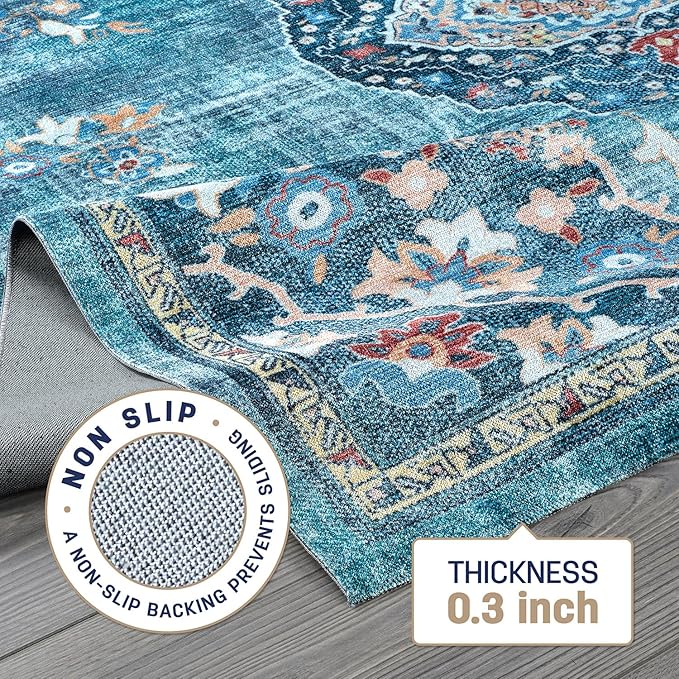 Beverly Rug Non Slip Rugs 4x6 Boho Medallion Floral Non Skid Rubber Backing Easy Silk Soft Area Rug for Living Room Easy to Clean Non Shedding Kitchen Bedroom Indoor Carpet (4 x 6 Teal - Green)