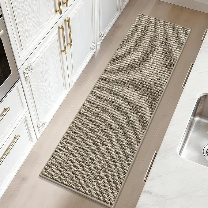 JSEI Kitchen Runner Rugs, 17''x48'' Non-Slip Kitchen Mats for Floor, Machine Washable Absorbent and Stain Resistant Kitchen Rug, Carpet Mats with TPR Backing for Kitchen, Beige