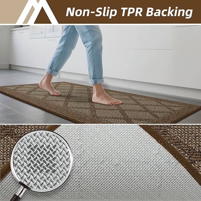 COSY HOMEER Kitchen Mats, 2 PCS Kitchen Rug Non Slip Washable, Absorbent Runner Rugs for Kitchen Floor, 100% Polypropylene Kitchen Sink Rug 20"x32" + 20"x48"(Brown)