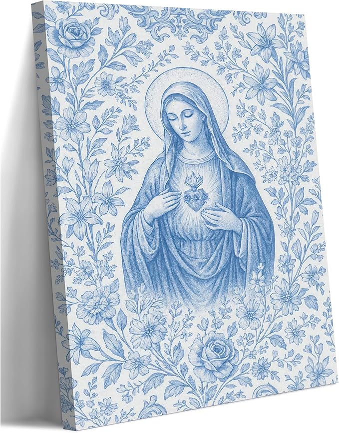 Blue Virgin Mary Immaculate Heart Canvas Wall Art Christian Catholic Wall Decor Our Lady of Guadalupe Portrait Poster Prints Religious Bible Artwork for Living Room Prayer Room Church 16x24in