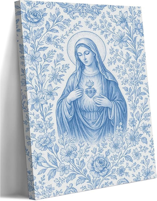 Blue Virgin Mary Immaculate Heart Canvas Wall Art Christian Catholic Wall Decor Our Lady of Guadalupe Portrait Poster Prints Religious Bible Artwork for Living Room Prayer Room Church 16x24in