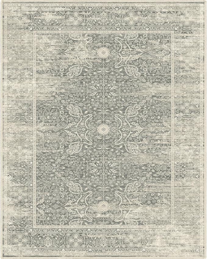 Fortsea Area Rug 7X9 for Living Room, Machine Washable Non Slip Vintage Rugs, Low Pile Lightweight Print Rug for Bedroom, Dining Room, Home Office (7x9 Sage/Ivory)