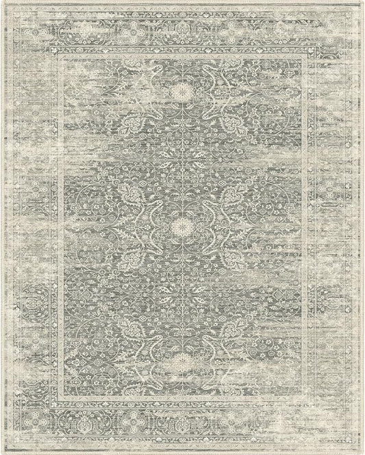 Fortsea Area Rug 7X9 for Living Room, Machine Washable Non Slip Vintage Rugs, Low Pile Lightweight Print Rug for Bedroom, Dining Room, Home Office (7x9 Sage/Ivory)