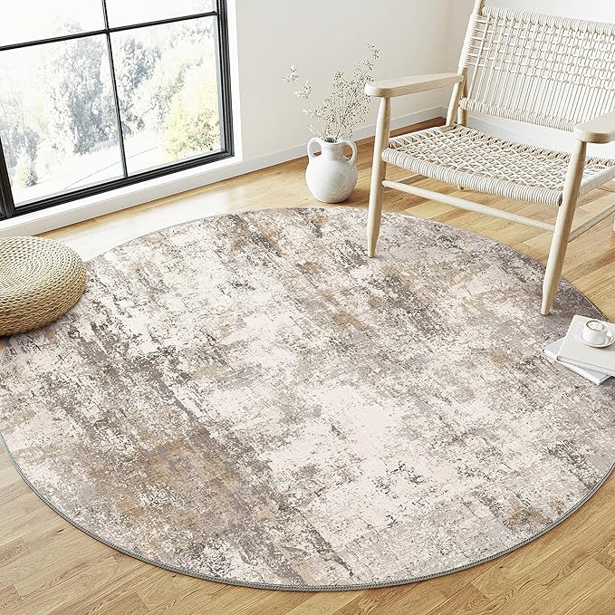 WondRg 8x8 Washable Round Rug Brown Grey Abstract Living Room Bedroom Area Rug Neutral Modern Non Slip Soft Low Pile Indoor Carpet for Dining Room Office Entryway