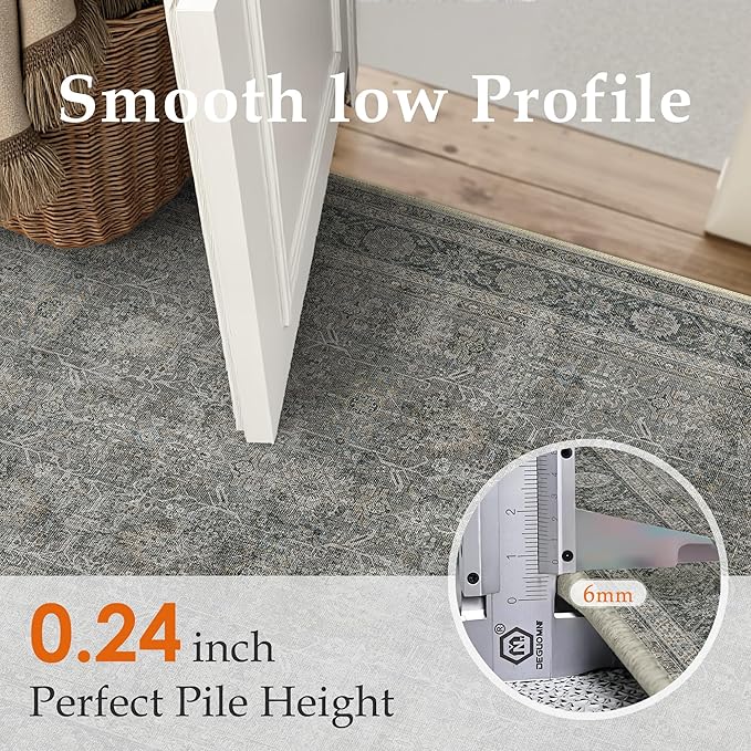 PureCozy Vintage Area Rug 8x10 Grey Brown Washable Living Room Large Carpet Non Slip Bedroom Indoor Office Low Pile Traditional Distressed Retro Accent Rug for Dining Room