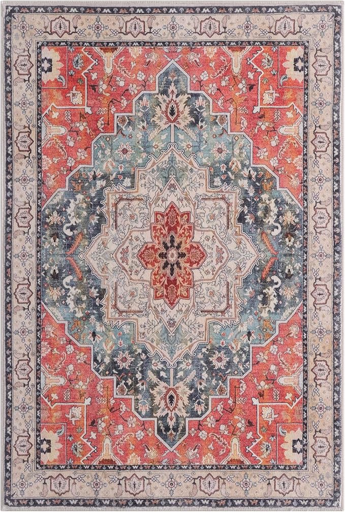 Vanmoos 5x7 Area Rugs for Living Room, Bedroom - Machine Washable, Non-Slip Bedside Rug, Large Soft Floor Carpet for Office, Dining Room, Farmhouse and Home Decor, Artistic Flair/Brick Red