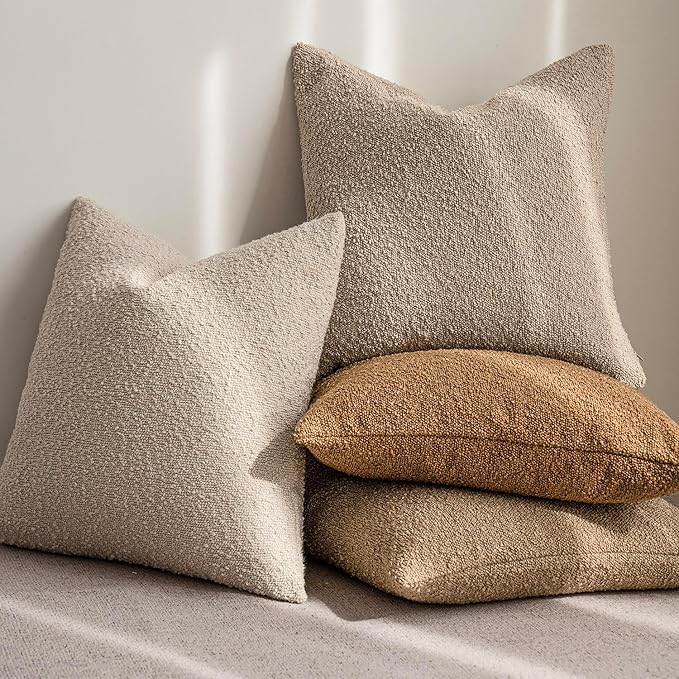 Foindtower Decorative Textured Boucle Throw Pillow Covers Accent Solid Pillow Cases Neutral Soft Cozy Couch Cushion Case for Chair Sofa Bedroom Living Room Home Decor 24 x 24 Inch,Tobacco