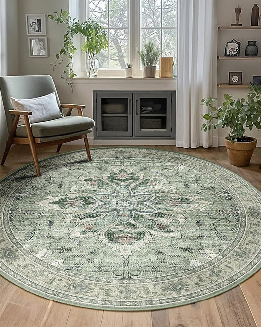 RELEANY Area Rugs 5ft Washable Non-Slip, Floral Vintage Distress Print Pattern Medallion Carpet for Living Room Bedroom Dining Room, Dark Green Gray