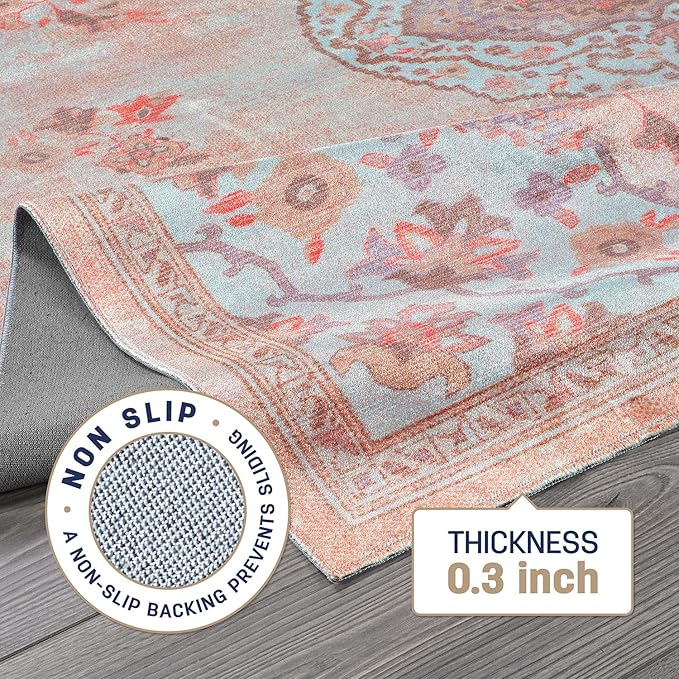 Beverly Rug Non Slip Rugs 6x9 Boho Medallion Floral Non Skid Rubber Backing Easy Silk Soft Area Rug for Living Room Easy to Clean Non Shedding Kitchen Bedroom Indoor Carpet (6 x 9 Pink - Aqua)