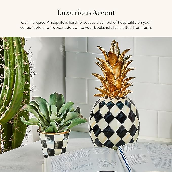 MACKENZIE-CHILDS Marquee Pineapple Sculpture, Decorative Pineapple Decor for Home, Black-and-White Courtly Harlequin