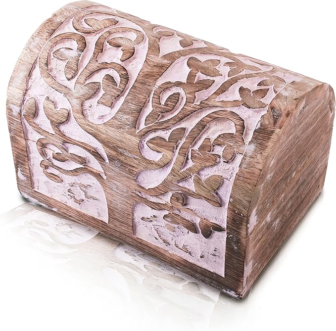 Great Birthday Gift Ideas Handmade Decorative Wooden Jewelry Box With Tree of Life Carvings Jewelry Organizer Keepsake Box Treasure Chest Trinket Holder Watch Box Storage Lock Box (Pink)