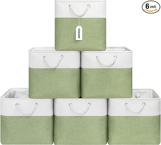 13x13 Inch Cube Storage Bins with Reinforced Bottom Cardboard, 6 Pack Large Foldable Fabric Storage Cubes with Handles for Shelf, Closet, Laundry Organization (White&Green)