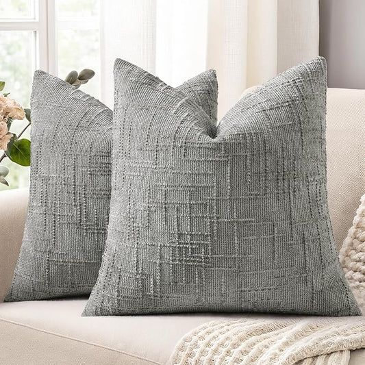 decorUhome Neutral Grey Chenille Throw Pillow Covers 16x16 Set of 2 Textured Slubby Couch Pillow Covers Farmhouse Accent Modern Neutral Decorative Pillow Cases for Bed Sofa Living Room