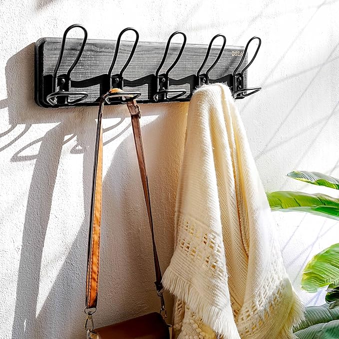 Dseap Coat Rack Wall Mounted - Heavy Duty Farmhouse Rustic Wall Coat Hanger With 5 Wire Hooks for Clothes Hat Jacket Towel, RusticWire, G25A, Black, Pack of 2