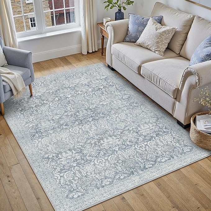 PureCozy Blue 3x5 Area Rug Washable Entryway Office Vintage Carpet Indoor Non Slip Small Low Plie Thin Bedroom Kitchen Rug Retro Accent Throw Living Dining Room Bathroom