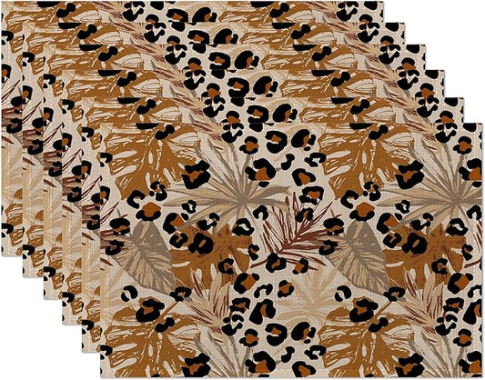 Black Brown Leopard Placemats Set of 6,Tropical Palm Leaves Place Mats Heat Resistant Washable Non-Slip Table Mats for Party Kitchen Dining Decor 12x18 Inch