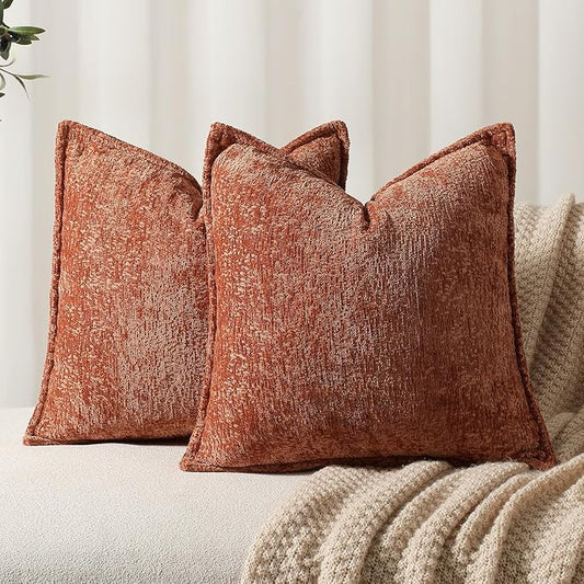 DEZENE Pack of 2 Burnt Orange Fall Decorative Throw Pillow Covers 20x20 Cozy Soft Chenille Boho Accent Vintage Farmhouse Square Couch Pillow Covers for Home Decor Bed Sofa Living Room