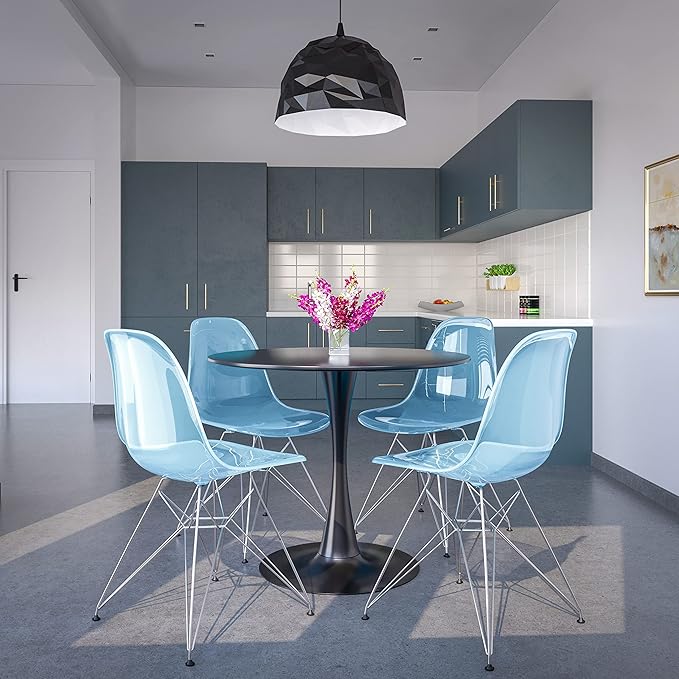 LeisureMod Cresco Mid Century Acrylic Dining Chair - Ergonomic & Lightweight Accent Side Chair with Curved Back & Chrome Eiffel Base for Home, Kitchen & Café, Transparent Blue