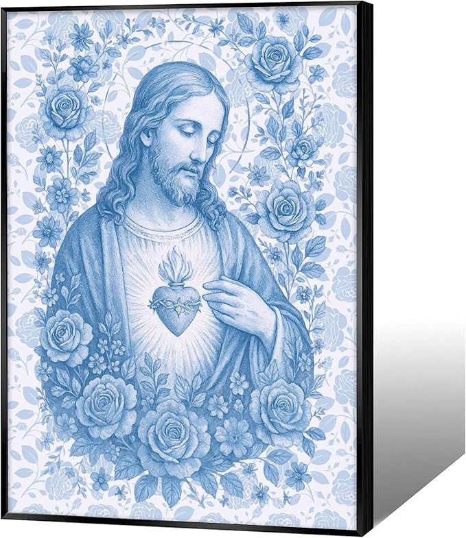 Framed Blue Sacred Heart of Jesus Canvas Wall Art Divine Mercy Wall Decor Jesus Portrait Pictures Catholic Artwork Christian Religious Poster Prints for Living Room Prayer Room Church 16x24in