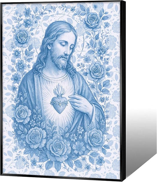 Framed Blue Sacred Heart of Jesus Canvas Wall Art Divine Mercy Wall Decor Jesus Portrait Pictures Catholic Artwork Christian Religious Poster Prints for Living Room Prayer Room Church 12x16in