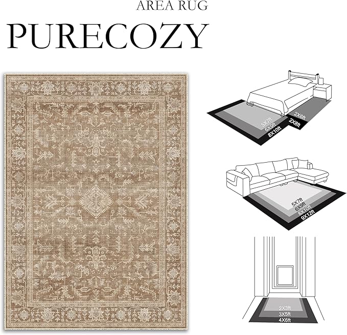 PureCozy 2x3 Brown Entryway Rug Vintage Area Carpet Indoor Kitchen Washable Door Mat Entrance Small Low Pile Traditional Distressed Retro Accent Throw Boho Rug Non Slip Office Bathroom