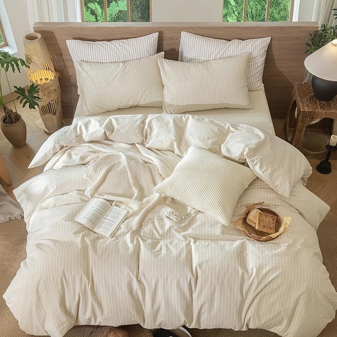 MooMee Striped Duvet Cover Set 100% Washed Cotton Linen Like Textured Breathable Durable Soft Comfy (Almond Milk Grey White Wide Stripes, Oversized Queen 98"x98")
